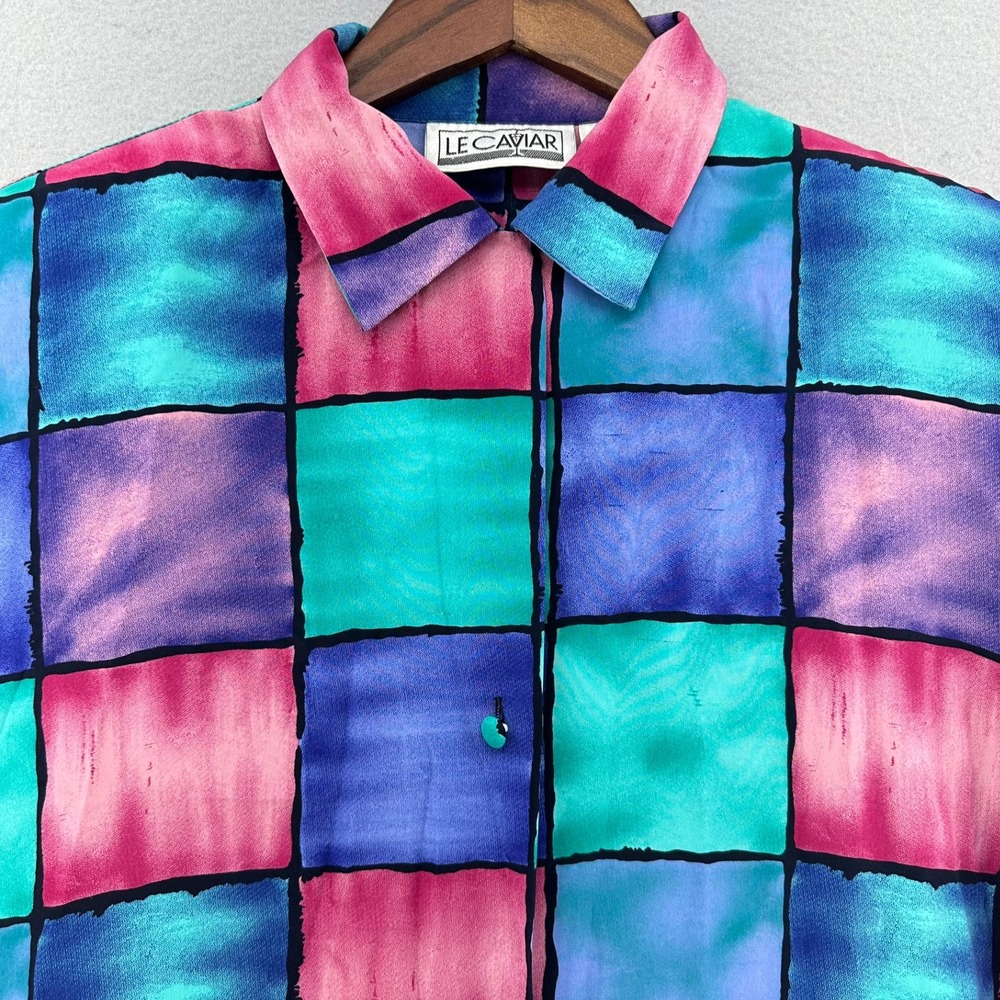 VTG Le Caviar Abstract Color Block Patchwork Plaid Shirt SZ S Bright 80s Artcore